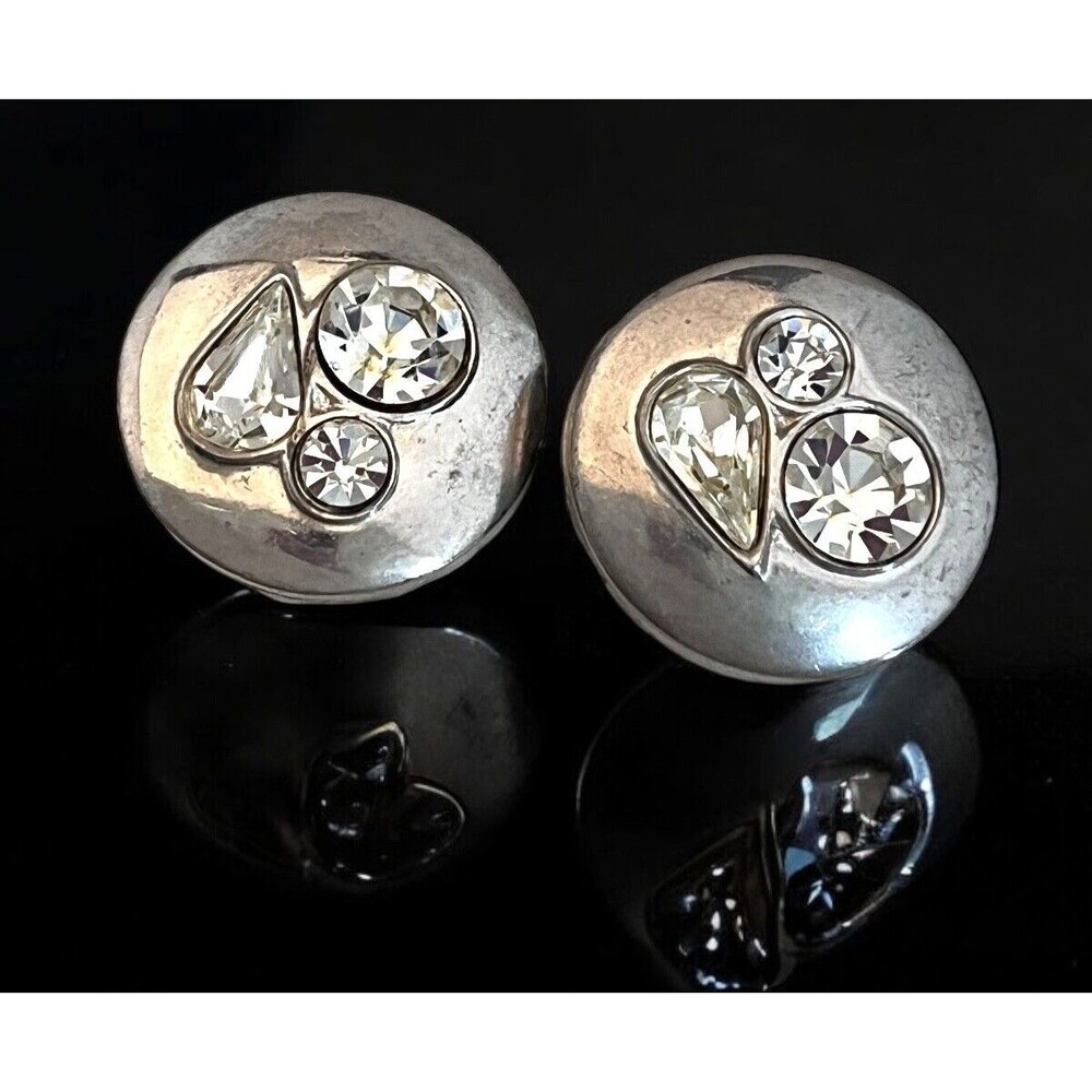 Vintage 1980s Givenchy Paris New York Clip On Earrings Crystal Silver Tone - 9D